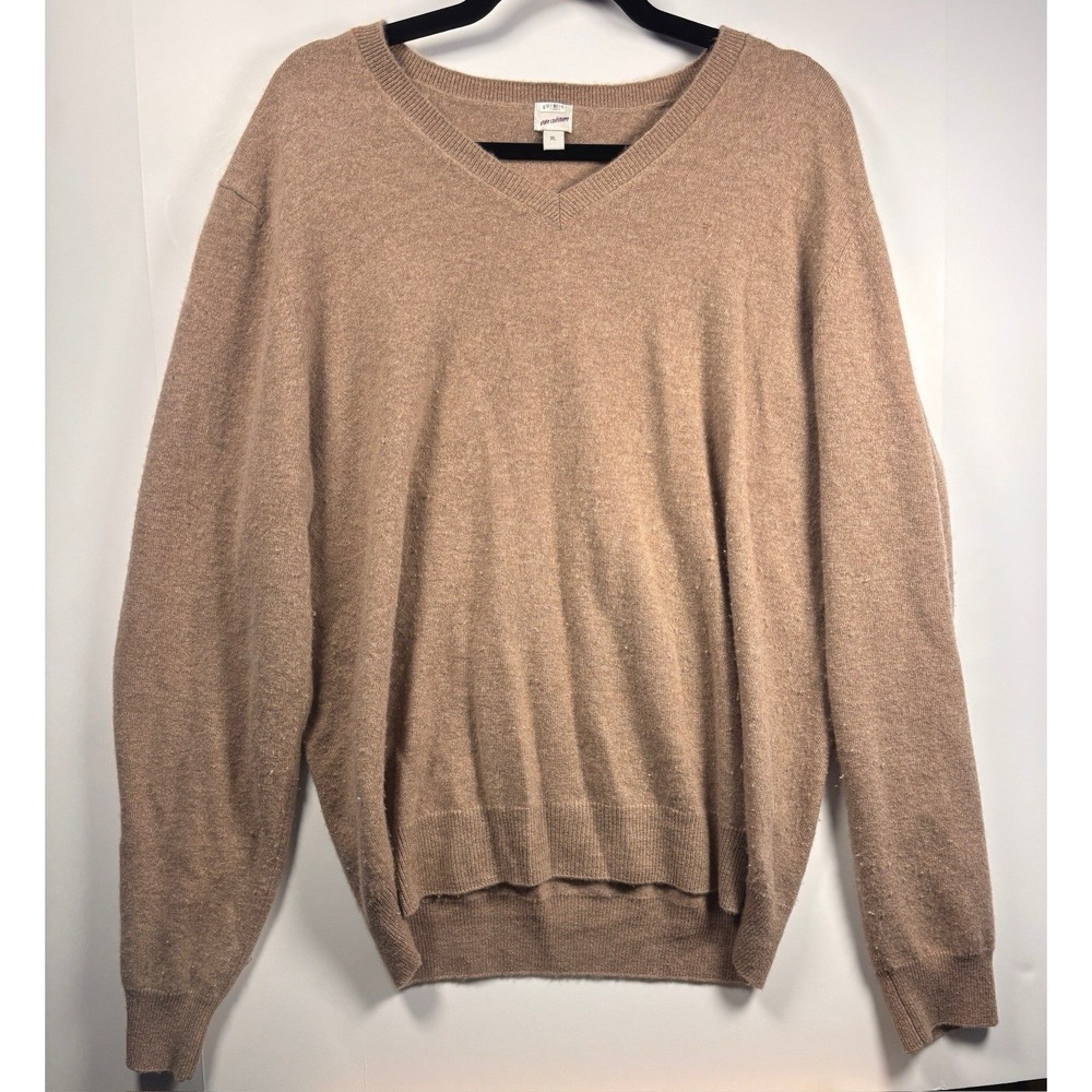 State Cashmere Mens XL V-Neck Sweater Camel Tan Long Sleeve 100% Cashmere Knit
